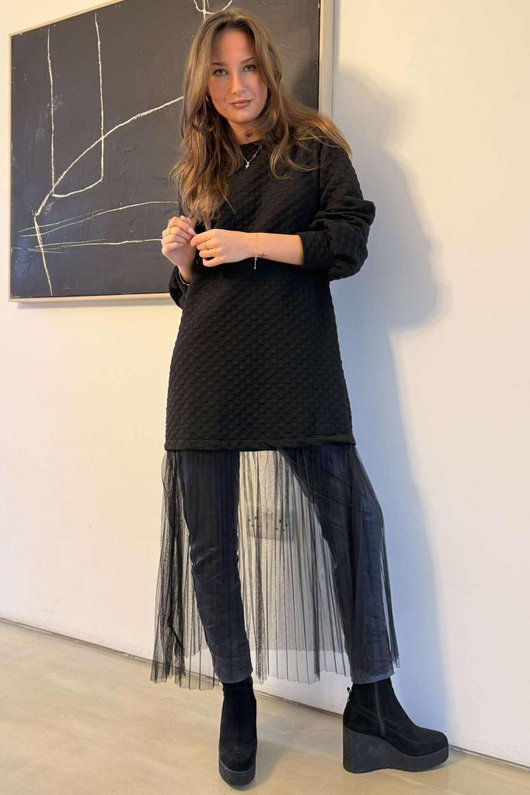 Oscar Vivi Waffle Tulle Jumper Dress Black /25=